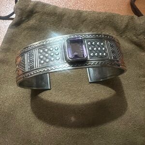 Vintage Sterling Silver Cuff Bracelet with Amethyst Signed Tatu 28 grams